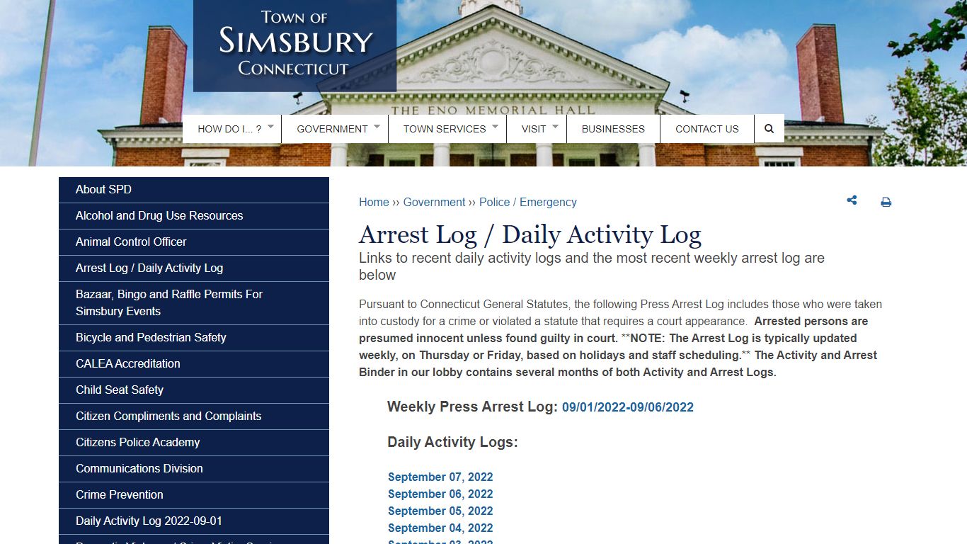 Arrest Log / Daily Activity Log | Simsbury CT